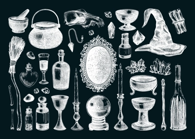 Witchcraft boutique sketches set. Halloween hand-drawn vector illustration. Antique apothecary design elements. Magic icons on chalkboard.  NOT AI generated